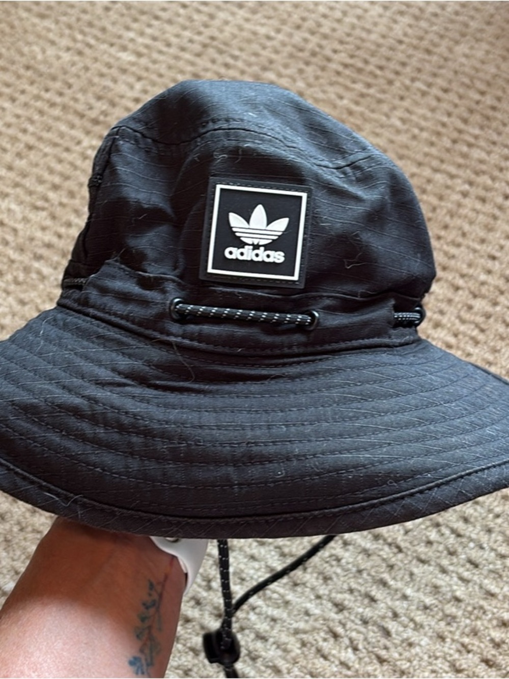 adidas Black Trefoil Branded Bucket Hat with Chin Cord